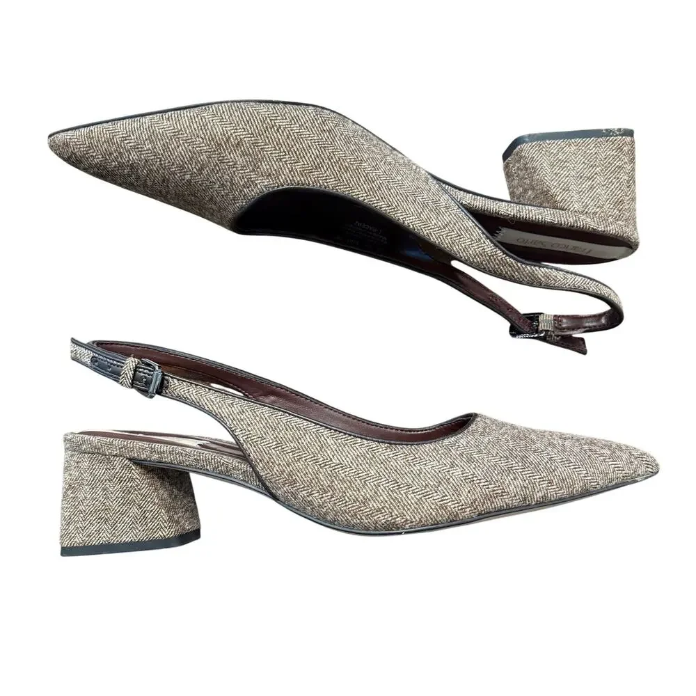 Franco Sarto Women’s brown tweed herringbone block heel sling back, Size 11M
